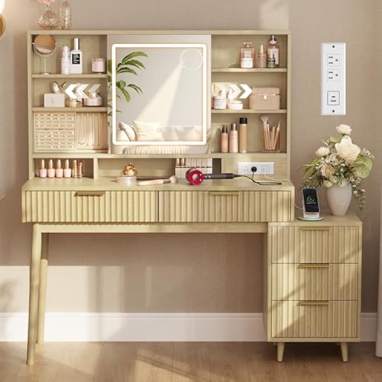VASAGLE MAXE Collection - Vanity Desk with Sliding Mirror and Lights, Mid Century Modern Fluted Makeup Vanity with 10x Magnifying Mirror, Charging Station, Jewelry Storage, Oak Beige URDT139YC01S