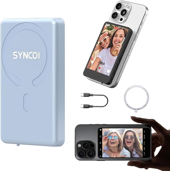 SYNCO Xview M4 Wireless Magnetic Monitor for Phone Rear Camera,Vlog Selfie Monitor Screen for iPhone & Android Phone Built-in Bluetooth Remote Control FunctionBlue