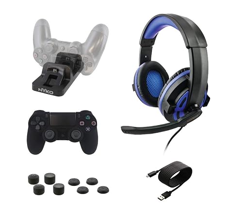 Nyko Master Pak for PlayStation 4 - Complete PS4 Accessory Kit - Everything A Gamer Needs - Wired Headset, Charge Dock, 2 Controller Skins, 8 Thumbstick Caps, and Charging Cable - PlayStation 4