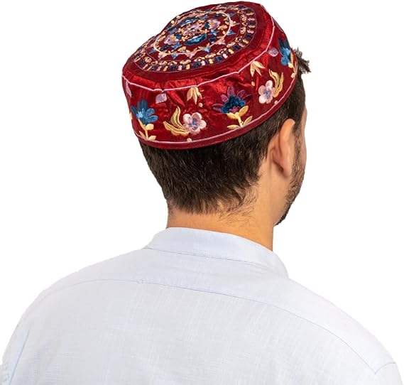 Yair Emanuel Maroon Flower Design Hand Embroidered Hat / Bucharian Kippah Kippa