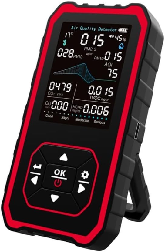 Indoor Air Monitor With PM1 0/2 5/10, Handheld Air Quality Monitor with Semiconductor Sensor, Carbon Dioxide, AQI, Temperature, Humidity Sensors And 2500mAh For Extended Use(Black)