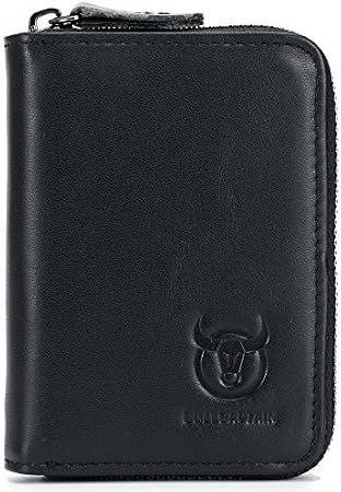 BULLCAPTAIN Genuine Leather Men Wallet Card Holder Cards Zipper Credit Card Pack Case Purse (Black)