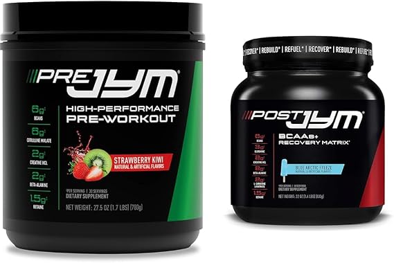 JYM Supplement Science PRE JYM 30 Servings - Strawberry Kiwi & Post-Workout with BCAA's, Glutamine, Creatine HCL, Beta-Alanine and More, Blue Arctic Freeze, 30 Servings, 22 Oz