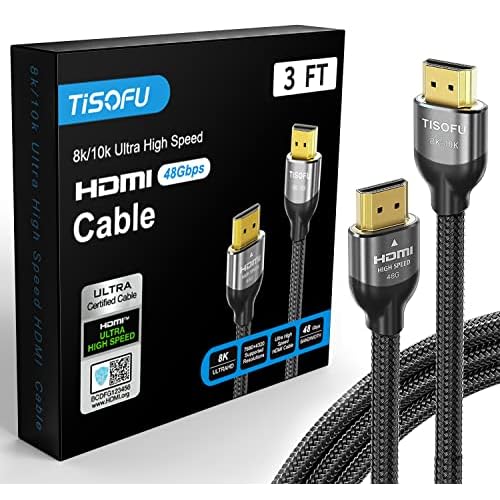 TISOFU Ultra Certified 10K 8K HDMI Cable 3FT: HDMI 2.1 Cables 48Gbps High Speed Premium Braided Cord 8K@60Hz 4K@120Hz 4K@144Hz HDCP 2.2&2.3 CL3 ARC eARC for HDHDRHDTV