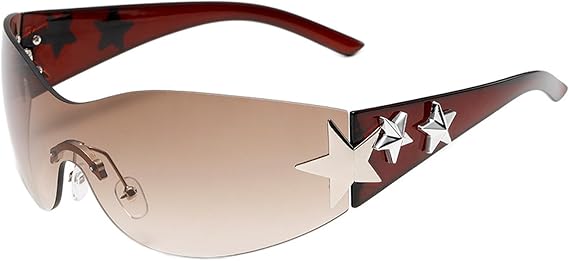 Y2K Sunglasses for Women Men Trendy Shield Wrap Around Sun Glasses Rimless Star Sunglasses Oversized Glasses Shades