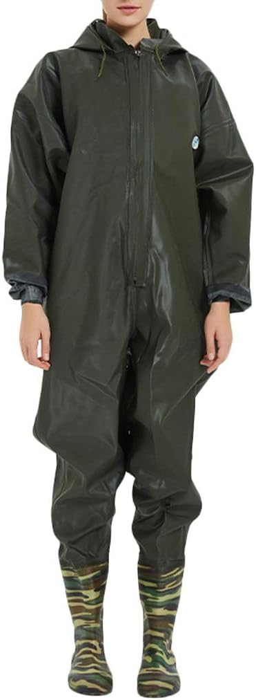 BBGS Fishing Chest Waders, Men Waterproof Full Body Rain Suit with Non-Slip Rubber Boots, Thicken Hooded Fishing Wader Suit (Color : A, Size : US10/EU43/UK9/CN44)