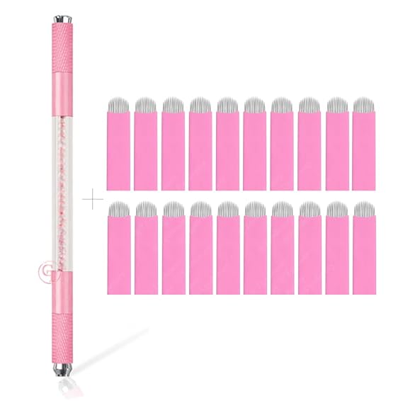Pink Crystal Microblading Manual Pen Double Head Tebori 3D Tattoo Manual Pens Permanent Makeup Eyebrow Tools with 20pcs 0.15mm U Shape 18Pins Microblading Needles (Pink Pen+20pcs 0.15mm U18 Blades)