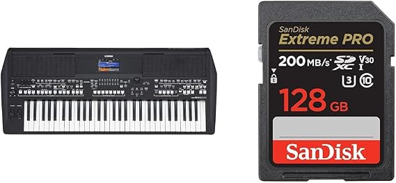 Yamaha PSR-SX600 Digital Keyboard - a Powerful Digital Workstation Keyboard with 61 Touch-Sensitive Keys, in a Black Finish & SanDisk 128GB Extreme PRO SDXC card + RescuePRO Deluxe, up to 200MB/s