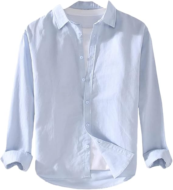 Men's Long Sleeve Cotton Linen Shirt Solid Color Beach Button Down Shirts Mens Spring Summer Business Casual Shirts Regular Fit Basic Shirt