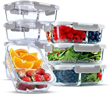Glass Meal Prep Containers 1, 2 & 3 Compartment, Leakproof, 7 Pack, 35 oz