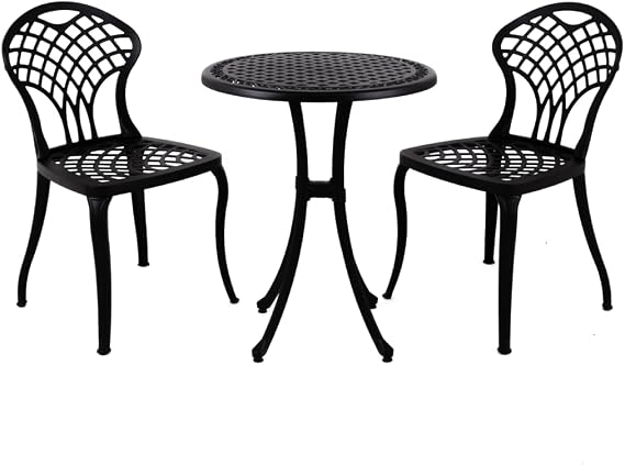 Alüminyum Döküm Masa Sandalye Takımı Bahçe Veranda Balkon Oturma Grubu 3 Parça 2 Koltuk Kolçaklı Sandalye 1 Set Dış Mekan Outdoor Mat Siyah Teras BUD