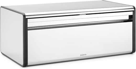 Brabantia Rectangular Fall Front Bread Box | Brilliant Steel | Large Metal Front Opening Bread Store for Kitchen Countertop | Flat Top for Extra Storage, Magnet Closing Lid | Fits 2 Loaves
