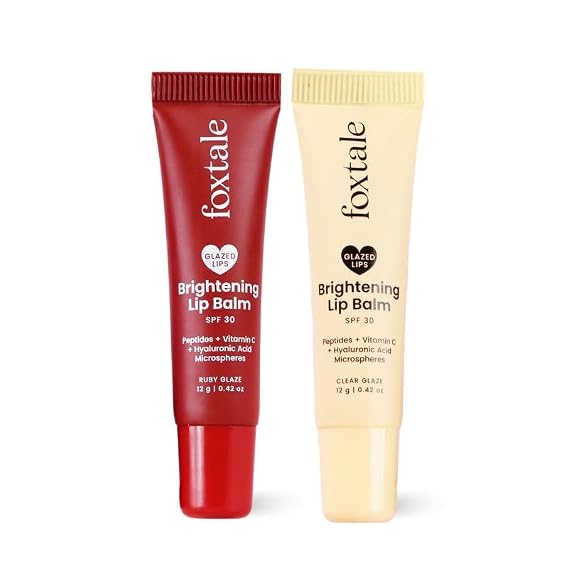 Foxtale Brightening SPF30 Lip Balm | Pack of 2 | Peptides, Vitamin C & Hyaluronic Acid | Brightens Lips | Reduces Pigmentation | Hydrates Lips | Tinted Lip Balms - Ruby & Clear Glaze | 24 gm