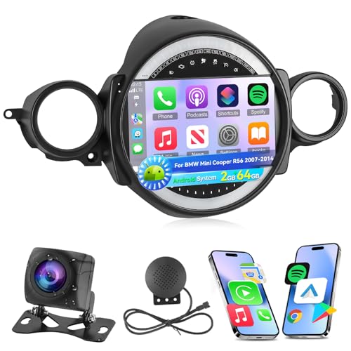 [264G] NHOPEEW for Mini Cooper R56 2007-2014 Car Radio with Wireless Carplay and Android Auto - 9 Inch Touch Screen Android Car Stereo - DSPWiFiGPS NaviSWCBluetooth  AHD Backup Camera