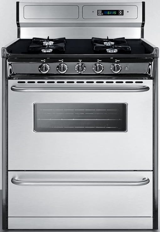Summit Appliance TNM2307BKW 30" Wide Gas Range in Stainless Steel with Open Burners, High Backguard, Clock/Timer, Oven Window, Broiler Pan, Adjustable Oven Racks and Electronic Ignition