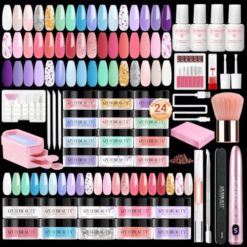 AZUREBEAUTY Dip Powder Nail Kit with Electric Nail Drill 24 Colors Pink Pastel Blue Purple Nails Starter Kit with Dip Liquids Base Top Coat Activator Portable Manicure French Nail Art Essential Set