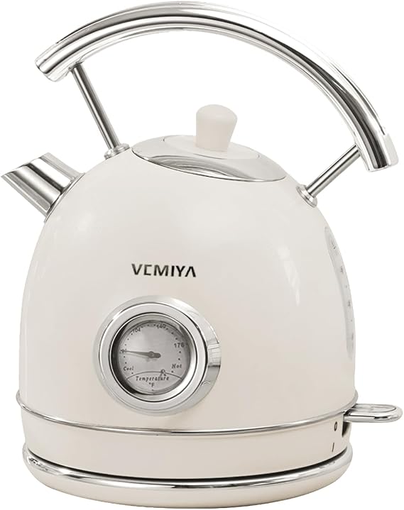 Retro Electric Kettle 1.7L Stainless Steel Tea Kettle with Premium Gloss Finish, Fast Boiling, Auto Shut-Off & Boil-Dry Protection Vintage Electric Water Boiler for Kitchen (Ivory White)