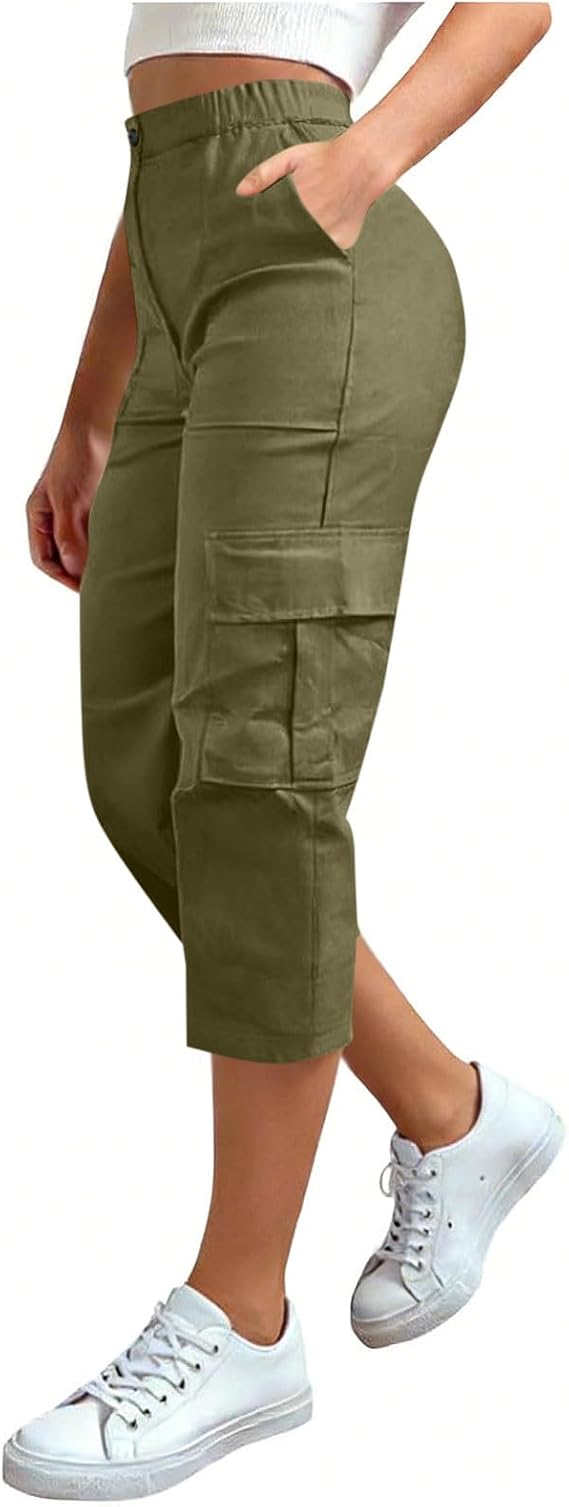 LRMQS Cargo Capris for Women Summer Casual Loose Capri Pants with Pockets Plus Size High Waisted Work Button Cropped Pant