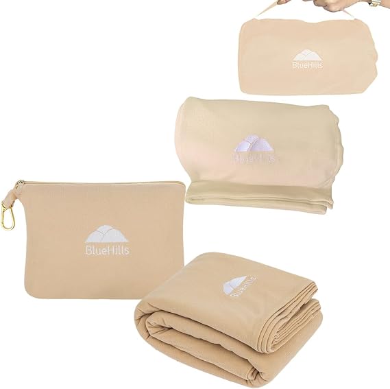 BlueHills Ultra Compact and Compact Light Travel Blankets for Two Value Pack Set of 2 Airplane Travel Essentials Soft Flight Trips Throw in Portable Cases for Car Plane Travel Gifts Beige