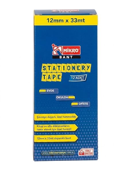 Mikro TM 12 mm x 33 m Şeffaf Bant, Güçlü Yapışkanlı Selobant, Ofis ve Okul Kullanımı, 12'li Paket