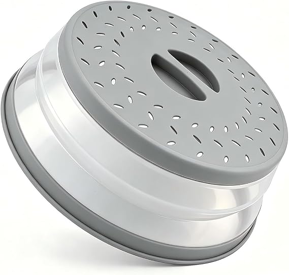 Small Collapsible Microwave Splatter Cover (gray, 8 IN) | Microwave Plate Cover With Steam Vent,BPA-Free Silicone & Plastic