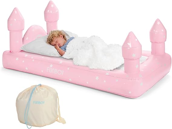 FUNBOY Kids Pink Castle Inflatable Travel Air Bed & Mattress, Blow Up Bed