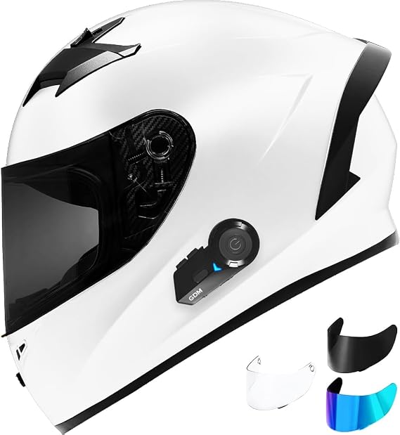 Bluetooth Motorcycle Helmet White with Clear, Tinted, Iridium Shields