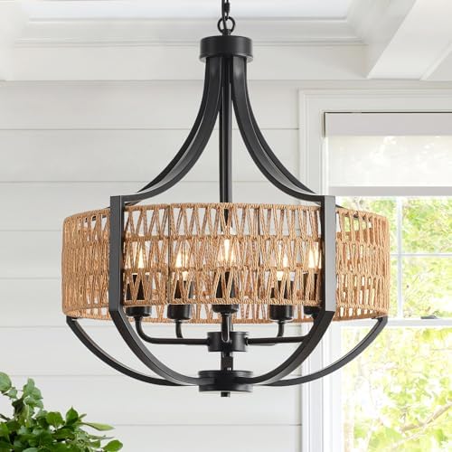 20" Rattan Farmhouse Chandelier Light Fixtures,5-Light Rustic Rattan Pendant Lighting with Woven Wicker Shade Boho Black Hanging Ceiling Light for Dining Room Living Room Kitchen Island Bedroom