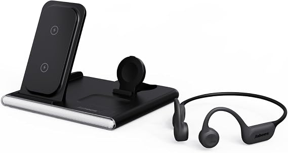 Jabees PowerGlow Charging Station + 7Seven Bone Conduction Headphones Bundle 4-in-1 Fast Wireless Charger with LED Night Light & IP68 Waterproof Open-Ear Headphones for Home, Travel, Swimming, Runni