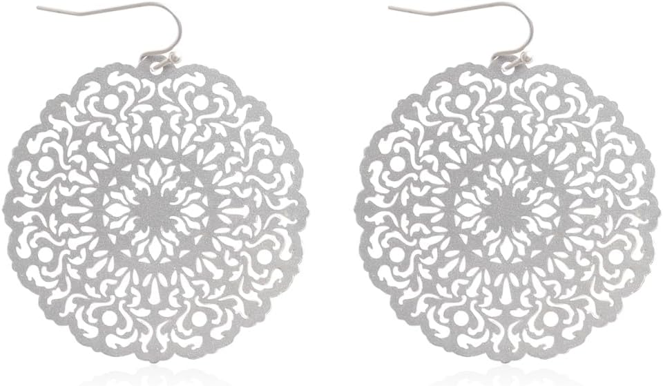 Moroccan Filigree Geometric Drop Earrings - Bohemian Metallic Cutout Hook Lightweight Dangles Flower Petal Leaf/Teardrop/Scallop/Circle/Quatrefoil