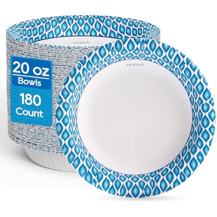 MUCHII 20 Oz Paper Bowls 180 Count Disposable Bowls, Printed Soak Proof Large Bowls for Breakfast, Lunch, and Dinner Meals