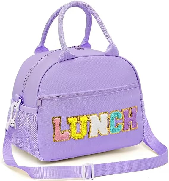 Lunch Bag for Girls and Women, Cute Preppy Lunch Bag with Chenille Letters, Insulated Large Capacity Lunch Tote with Detachable Strap for School, Work & Picnic, Purple