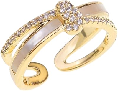 Womens Alloy Shell Double Layer Wave Opening Ring, Gold Tone with Crystal Accents, Adjustable, Valentines Day Gift