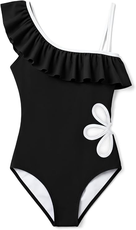 Girls One Piece Swimsuit One Shoulder Ruffle Cute Cutout Swimwear