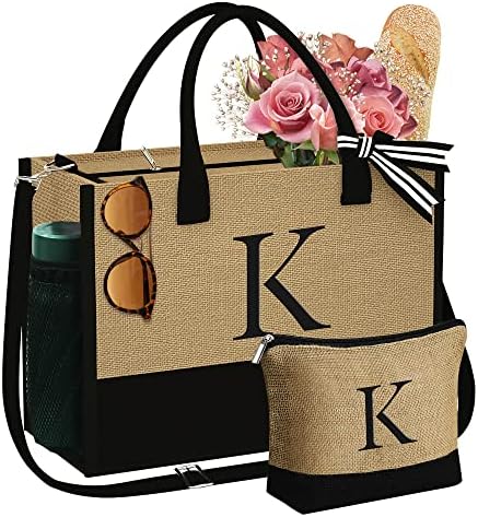 YOOLIFE Mothers Day Gifts for Women - Initial Jute Tote Bag & Makeup Bag, Birthday Gifts for Women Mom Wife Teacher Friend