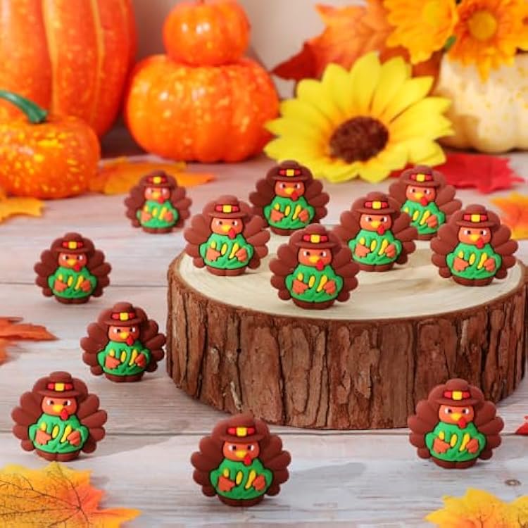 Domensi 50 Pcs Thanksgiving Mini Turkey Figurines Tiny Turkey Figures to Hide and Seek Little Pilgrim Statue Miniatures Chicken for Party Autumn Fall Decor Table Centerpiece Corn