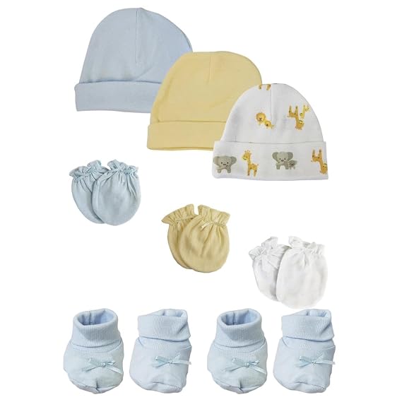 Bambini NC-0223 Baby Boy Caps with Infant Mittens & Booties White & Blue - Preemie - Pack of 8