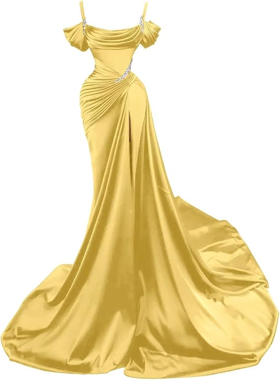 Dexinyuan Mermaid Prom Dresses for Women 2025 Beaded Satin Ball Gown Off Shoulder Long Slit Formal Evening Gowns