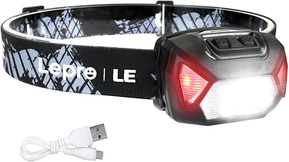 Lepro Rechargeable LED Headlamp Bright Waterproof Headlight 6 Modes - Black | USB Cable Included,Super bright,Spotlight & Floodlight,Red light,Lightweight,Adjustable Headband,Camping,Hiking,Running