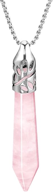 BEADNOVA Healing Crystal Necklace for Women Men Natural Rose Quartz Crystal Pendant Energy Healing Gemstones Jewelry Pendulum Crystal Divination (Hexagonal, 18 Inches Stainless Steel Chain)