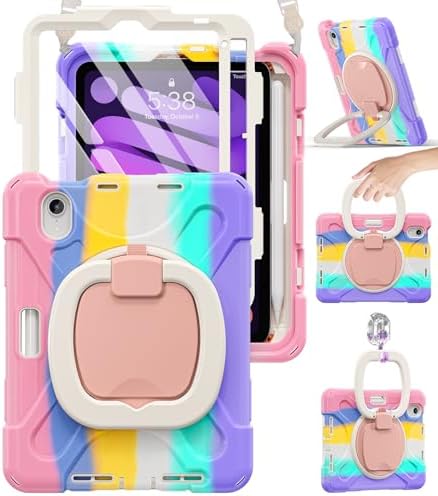BRAECN Kids Case for iPad mini 7 (A17 Pro) 2024/iPad Mini 6th Gen 8.3'' 2021 A2567/A2568/A2569, Silicone Cover w/Screen Protector, Handle Grip, Kickstand, Shoulder Strap, Pencil Holder, Colorful Pink