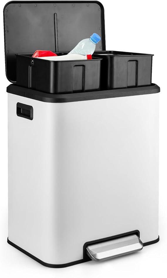 Takywep 8 Gallon Kitchen Trash Can, Hands-Free Recycle Trash Can with Dual Removable Liners, Stainless Steel Dual Kitchen Step Trash Can (4 + 4 for 8 Gallon Total), Rectangle, White