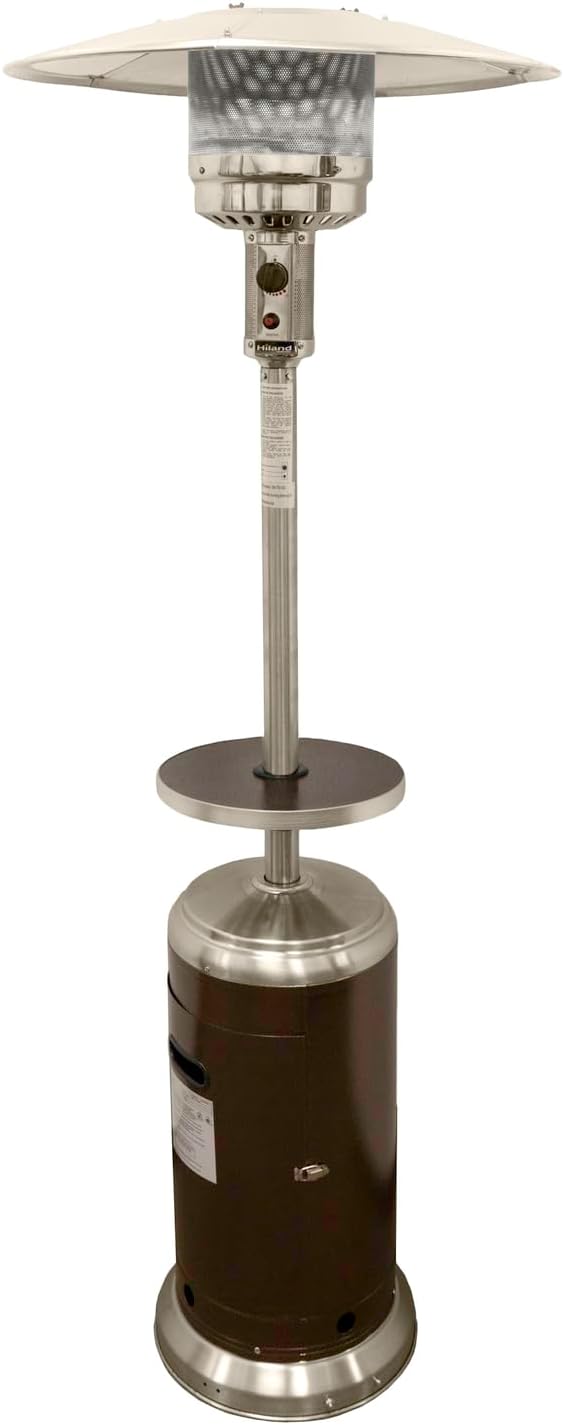 Hiland HLDS01-SSHGT 48,000 BTU Propane Patio Heater with Wheels and Table, Large, Hammered Bronze/SS
