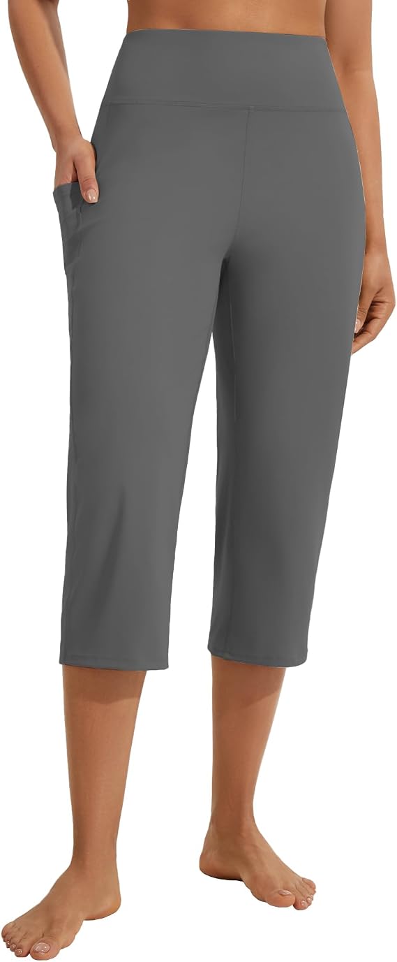 Womens Wide Straight Leg Capris Yoga Pants with Pockets High Waisted Athletic Leggings Lounge Workout Crop Pants