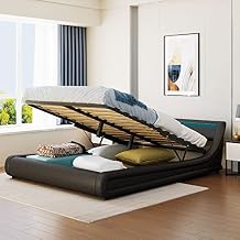Upholstered Faux Leather Modern Bed Frame w/LED Headboard,Queen Lift Storage Bed w/A Hydraulic Storage System,Wood Slats Support/Mattress Foundation (Black+Queen Size)