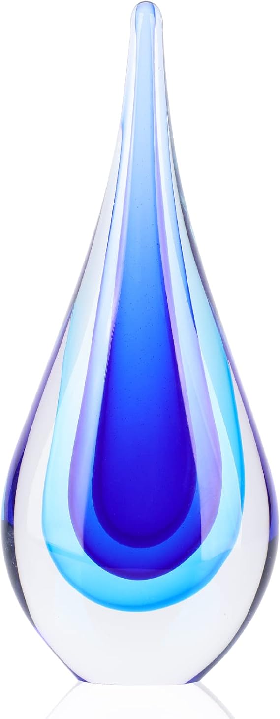DOVDOV Blown Glass Sculpture, Blue Glass Art Collectible Statue, Unique Teardrop Ornament, Suitable for Office, Bookshelf, Dressing Table, Living Room Coffee Table, or Mantelpiece Display.