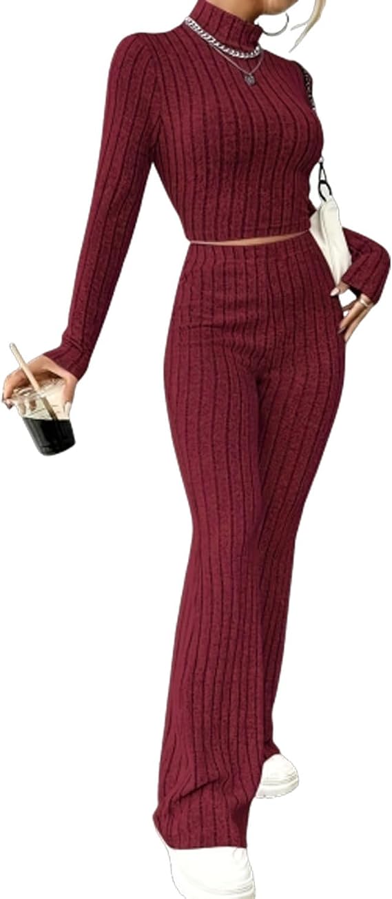 Xixiuly Womens 2 Piece Lounge Set Tracksuit Outfits Pullover Knit High Neck Long Sleeve Sweater Wide Leg Sweatpants Sweatsuit