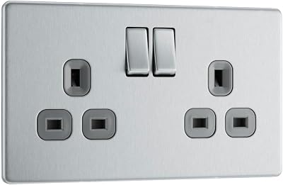 BG Electrical Double Switched Power Plug Wall Socket, Flatplate Screwless, Brushed Steel, Grey Inserts, 13A, FBS22G