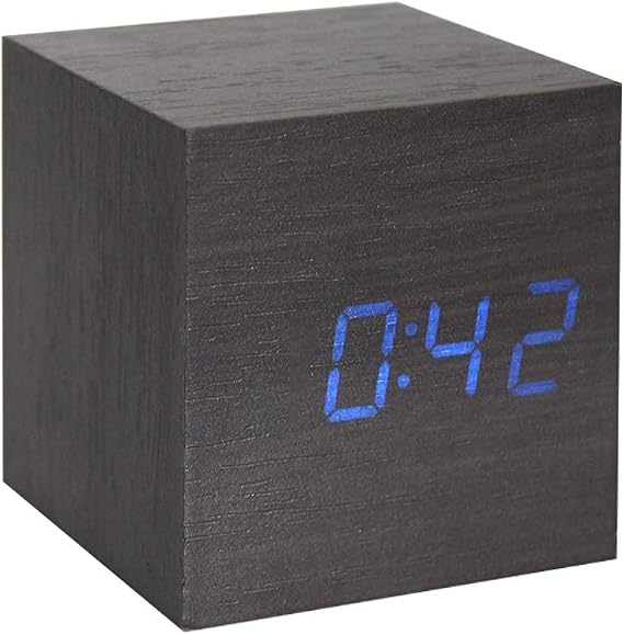 Wooden Alarm Clock, Mini Cube LED Digital, Black_Blue