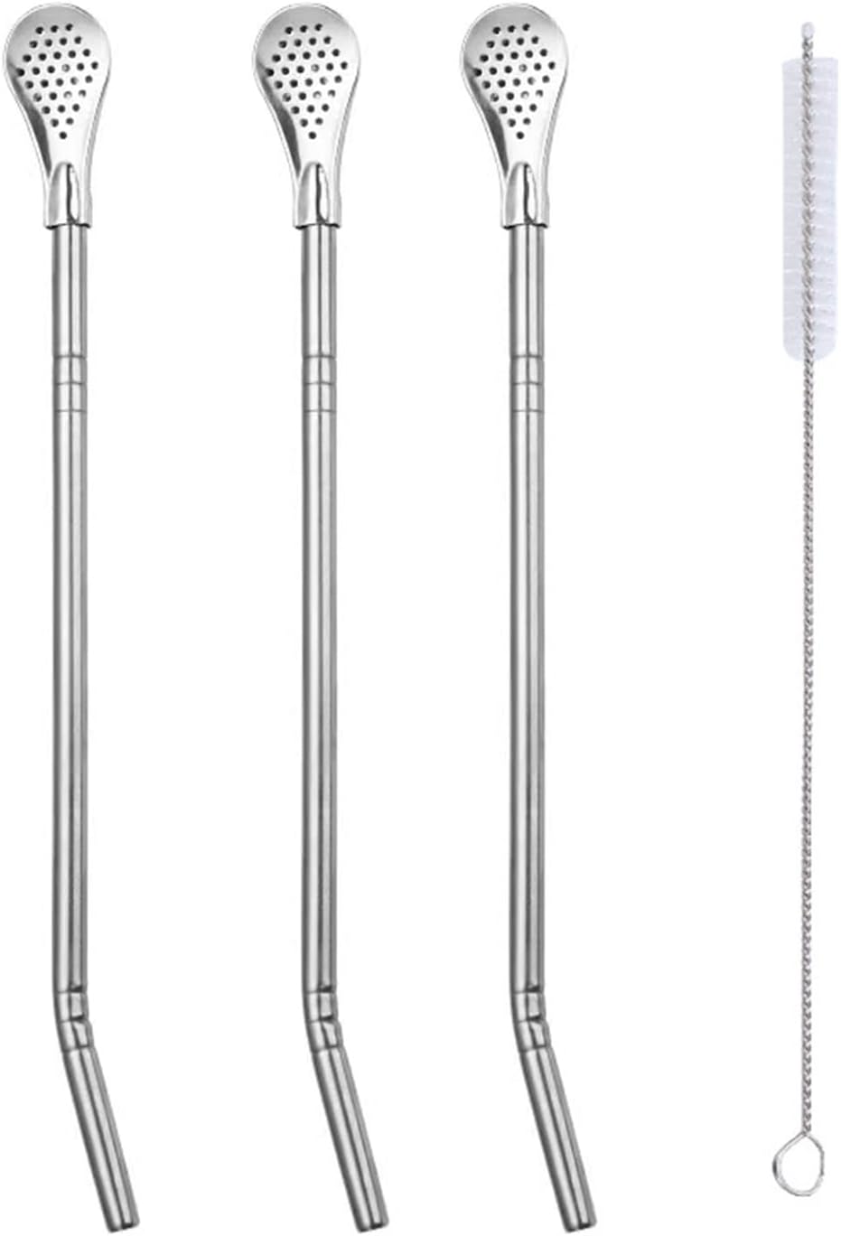 304 Stainless Steel Reusable StirringStraw Filter Spoon,Spoon for Yerba Mate,Loose Leaf Tea Strainer, Suitable for Coffee Shops, Restaurants, Milk tea Shops 1 Cleaner Brushes 3 Sliver spoon